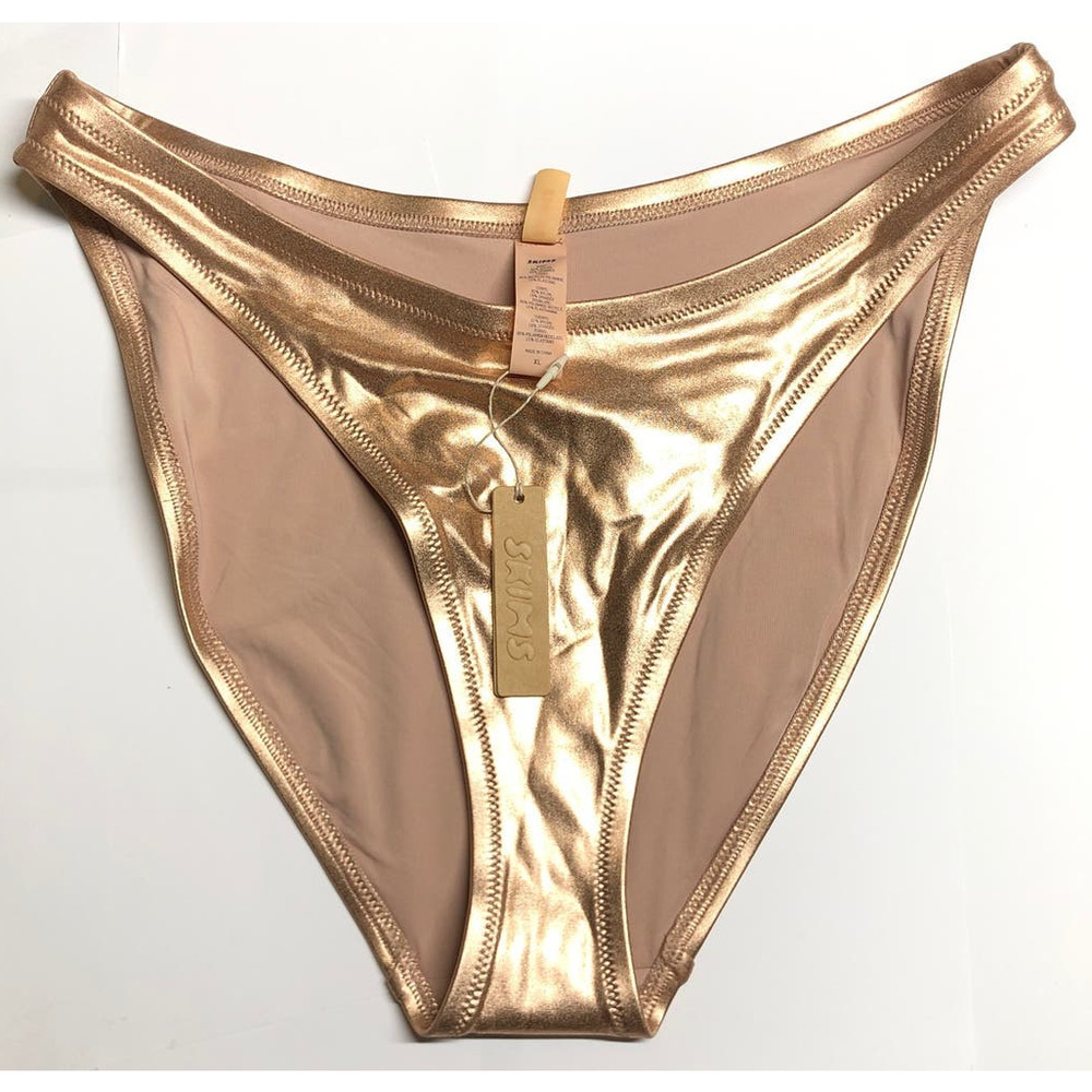 SKIMS Metallic Swim Bottoms Dipped Mid Waist Bottoms Gold  NWT 4X